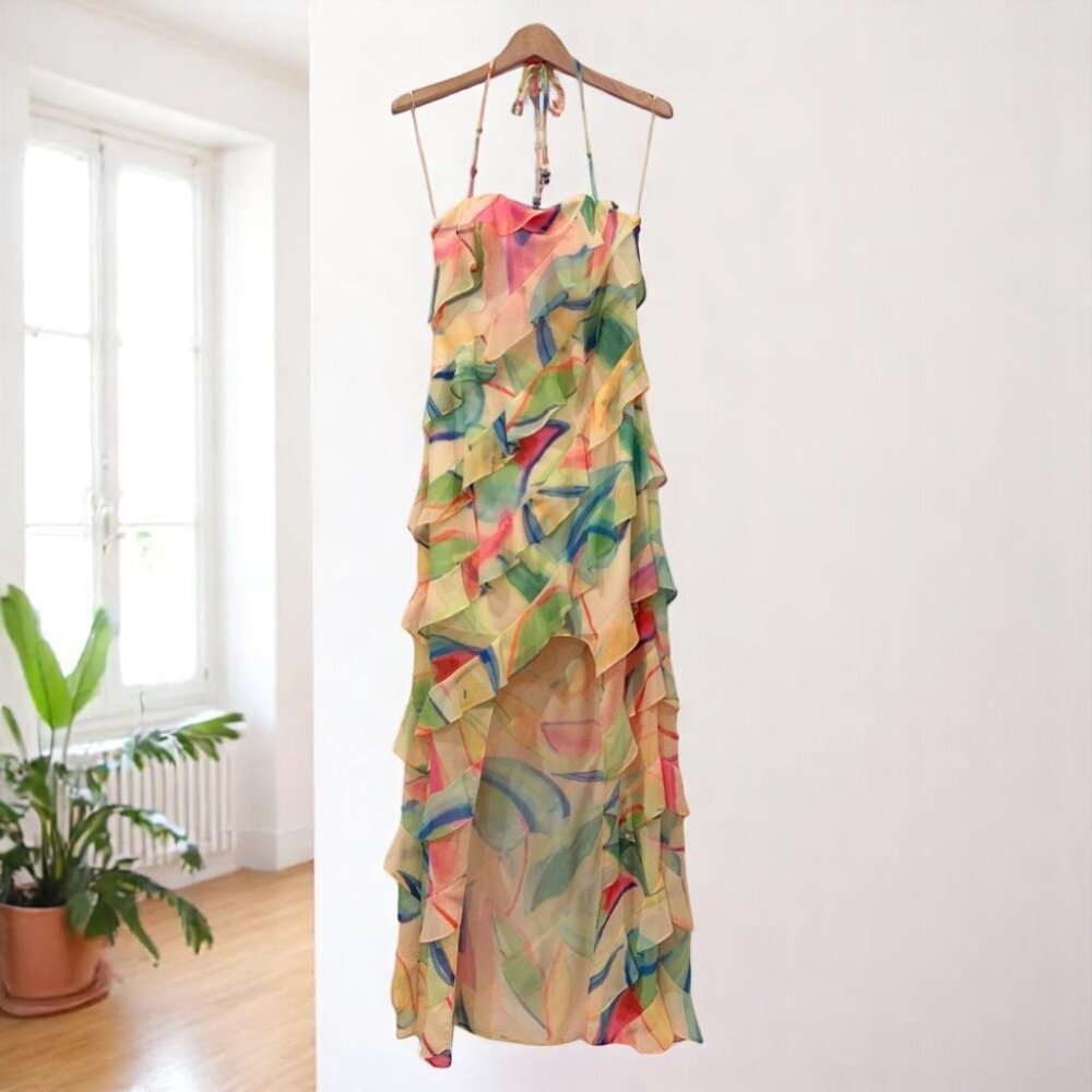 NWT Liv Forster Printed Chiffon Halter Maxi Dress Apricot Multi